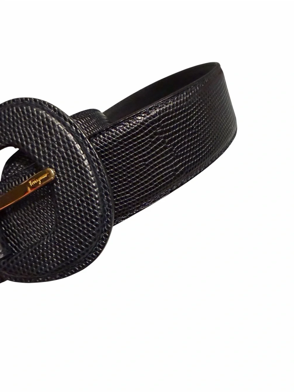 Salvatore Ferragamo Black Textured Leather Belt with Gold Buckle 71cm